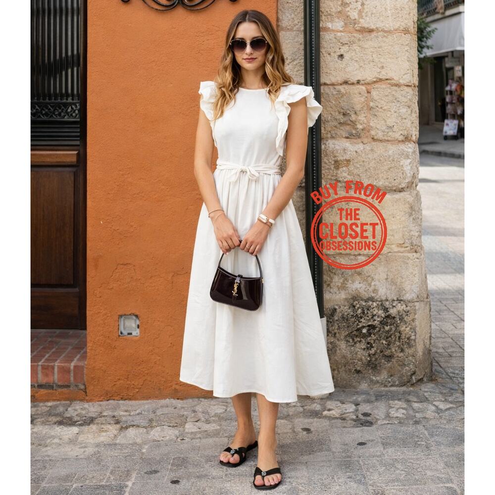 ZARA Ruffled Midi Dress NWT | Ecru Cotton Fit & Flare Belted Size M/L - Picture 8 of 16